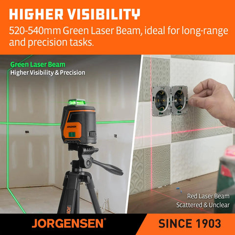360 Degree Self Leveling Laser Level With Tripod And Magnetic Base projecting green laser lines on tile wall