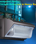 Crazy Bright 120W LED Wall Pack Light with Photocell Dusk to Dawn Outdoor Security Lighting, illuminated in urban setting
