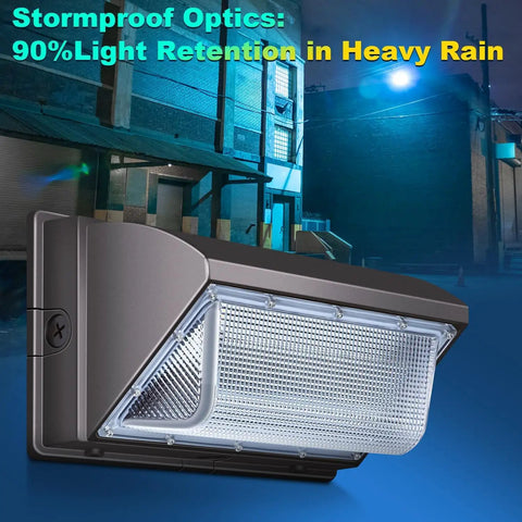 Crazy Bright 120W LED Wall Pack Light with Photocell Dusk to Dawn Outdoor Security Lighting, illuminated in urban setting