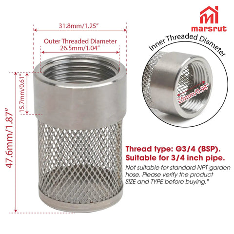 Garden Hose Inlet Strainer Filter G3/4 BSP For 3/4 Inch Pipe Fits 30mm Water Inlet, corrosion-resistant stainless steel design