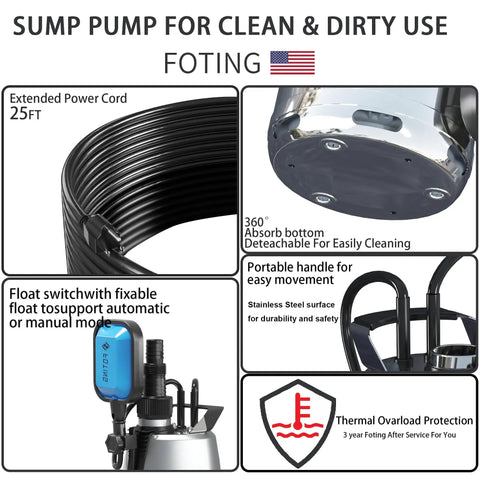 1HP Submersible Sump Pump With Float Switch Auto And Manual Modes 3500 GPH Stainless Steel Construction Handles Solids Do It All For Basements Gardens And Ponds