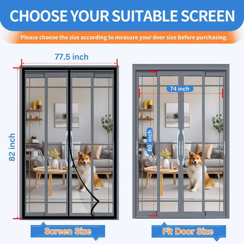 Upgraded PET Mesh Magnetic Screen Door With Hands Free Entry That Is Stronger Than Fiberglass And Polyester Keeps Bugs Out Pet And Kid Friendly Fits Sliding Doors Patio And French Doors 74 By 80 Inches installed with measurement labels
