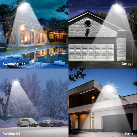 200W Solar Street Lights Outdoor Motion Sensor With Remote Control, 800 LED Flood Lights illuminating yard, garage, parking lot, patio