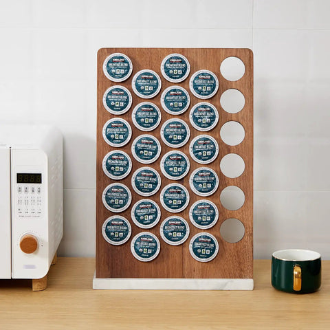 K Cup Coffee Pod Holder And Organizer With Acacia Wood Storage Rack And Weighted White Marble Base, 30 Pod Capacity on counter
