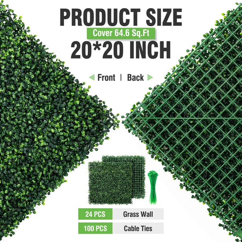 24 Pack 20x20 Grass Wall Panels Artificial Boxwood For Greenery Wall Backdrop Indoor Outdoor Decor Garden Fence Privacy Screen Wedding Backdrop 66 Sq Ft Coverage with front and back view