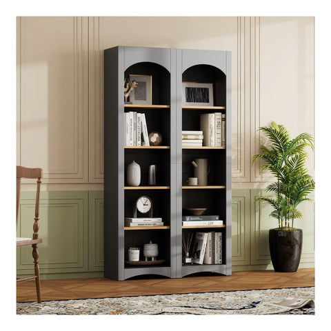 Farmhouse Two Tone 5 Tier Book Shelves And Cabinet Set with decor items in living room, modern rustic style