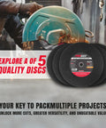 Beefy 5 Pack 14 Inch Metal Cutting Chop Saw Blades For Metal Work 14 Inch By 3 Thirty Second Inch By 1 Inch Aluminum Oxide Resin Bonded Heavy Duty Blades Ideal For Iron And Steel Brass Bronze And Other Metals displayed next to a chop saw in use