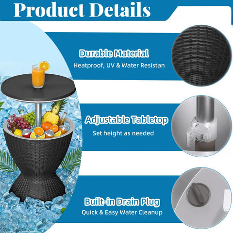 8 Gallon Cooler Bar Table With Adjustable Height 3 In 1 Outdoor Cooler Coffee Table And Bar Stand For Backyard Pool Patio BBQs And Parties Drain Plug Black with fruits and ice