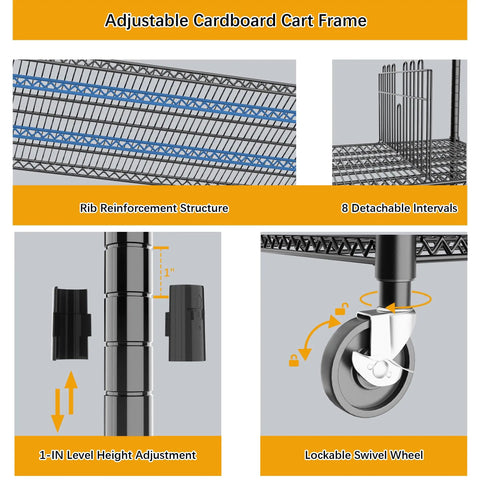 Adjustable features of No Sweat Heavy Duty Metal Rolling Cart For Cardboard Box Storage with rib structure and lockable swivel wheels.