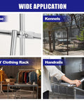Collage showing wide applications of Six Piece 1 Inch Tee Pipe Connectors Set for kennels, pipe fittings, clothing racks, and handrails.