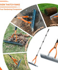 Thatch Rake Pro 19 Curved Steel Tines 15 Inch Lawn Dethatching Rake With Ergonomic Handle raking leaves and laying sod