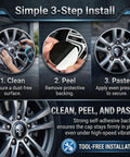 Simple 3-step installation guide for Four Pcs Metal Fanged Skull Wheel Center Hub Caps Scratch Resistant Self Adhesive Protective Rim Covers.