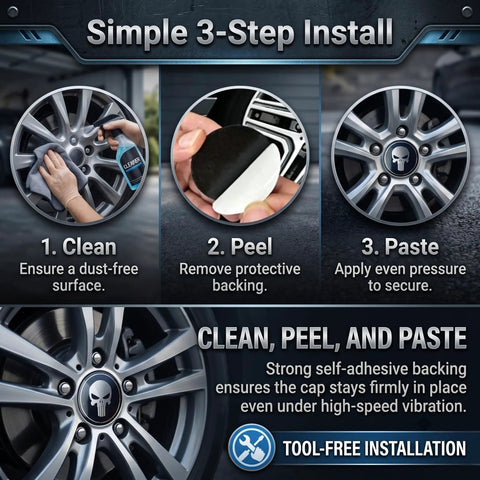 Simple 3-step installation guide for Four Pcs Metal Fanged Skull Wheel Center Hub Caps Scratch Resistant Self Adhesive Protective Rim Covers.