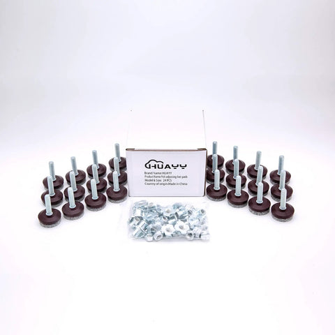 24 Pack Adjustable Furniture Leveling Feet With Quarter Twenty Threaded Stems And Soft Gray Felt Pads To Fix That Wobble Quick While Protecting Hardwood Floors For Rock Solid Balance Around The House - assorted feet with nuts.