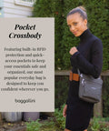 Woman holding Pocket Crossbody Bag For Women, Lightweight Durable Nylon, Water Resistant Travel Purse With RFID Wristlet, Compact 8x8 Inch Size, 9 Oz, On The Go Everyday Carry
