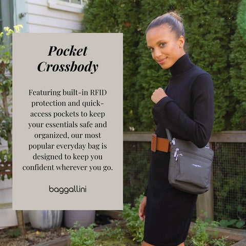 Woman holding Pocket Crossbody Bag For Women, Lightweight Durable Nylon, Water Resistant Travel Purse With RFID Wristlet, Compact 8x8 Inch Size, 9 Oz, On The Go Everyday Carry