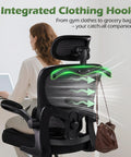 Ergonomic Office Chair With Adjustable Lumbar Support And Headrest, showing integrated clothing hook, mesh back, high back design.