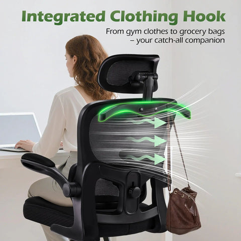 Ergonomic Office Chair With Adjustable Lumbar Support And Headrest, showing integrated clothing hook, mesh back, high back design.