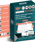 Lens Cleaning Wipes box, front view, teal packaging, 250-ct, pre-moistened, individually wrapped for eyeglasses and lenses