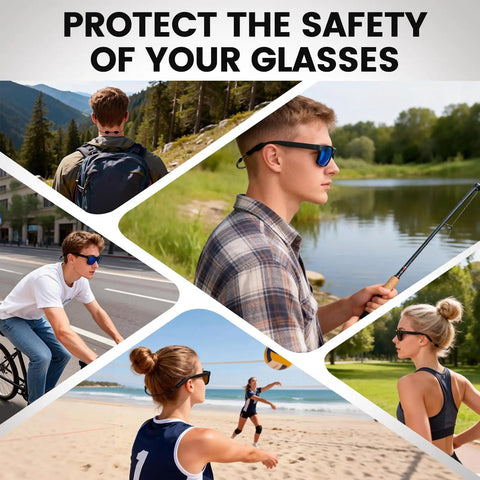 Collage of people using 3 Pack Adjustable Eyeglasses Straps For Men Women And Kids No Tail Sunglasses Strap in various outdoor activities.