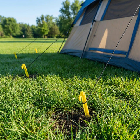 24 Pack 9 Inch Yellow Plastic Tent Pegs Stakes For Camping And Outdoor Use Durable Lightweight PP Stakes securing tent on grass