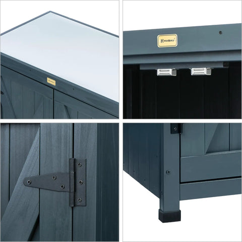 Close-up of Weatherproof Outdoor Storage Cabinet for Patio and Garden with Shelves and Heavy Duty Metal Tabletop, hinge, and details