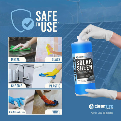 Image showing Solar Panel Cleaner Super Concentrated Formula, 32 Oz Makes Up To 128 Gallons, safe on metal, glass, chrome, plastic surfaces.