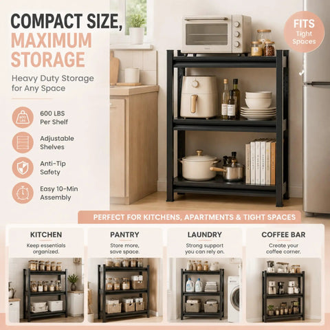 44 Inch Tall Adjustable Kitchen Storage Shelf Four Tier Metal Bakers Rack For Pots Pans And Pantry Staples Sturdy Heavy Duty Organizer With 500 Lbs Per Shelf And Anti Sway Design showing compact shelf in kitchen setting