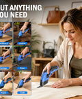 2026 Upgrade Cordless Electric Cutting Tool with Sharp Stainless Steel Blades, cutting fabric on a table.