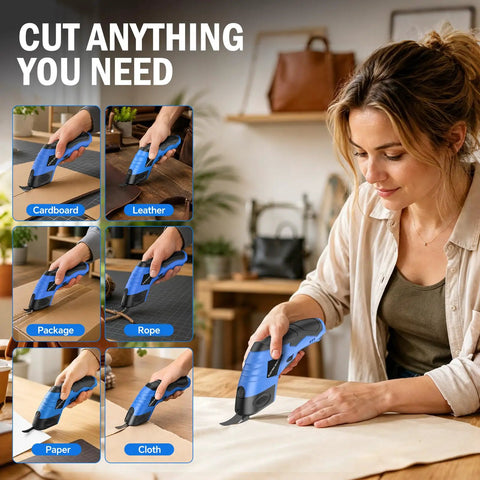 2026 Upgrade Cordless Electric Cutting Tool with Sharp Stainless Steel Blades, cutting fabric on a table.