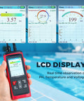 Hand holding Water PH Meter With Real Time PH Temperature And Voltage Readings And Calibration Digital PH Tester by the pool.