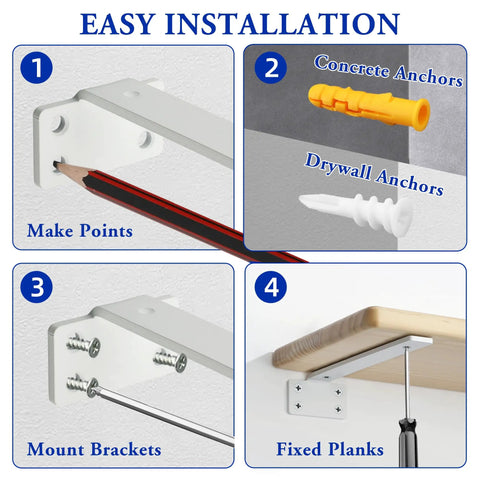 Installation guide for Heavy Duty L Shelf Brackets Built Tough 6 Inch Hidden Mount Corner Wall Shelves Supports One Fifth Inch Thick Metal White 4 Pack