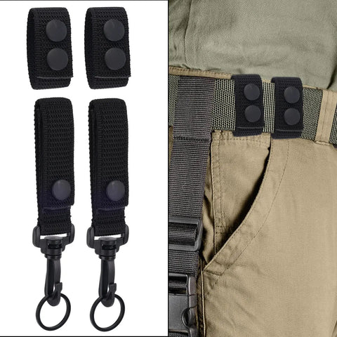 Heavy Duty Nylon Tactical Belt Fasteners With Double Snap Clasps And Secure Key Keeper Loops displayed with key hook attachments.