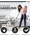 Woman using vacuum with child, highlighting effortless handling for Upgraded PVC And Steel Replacement Hose Handle For Lift Away Vacuum