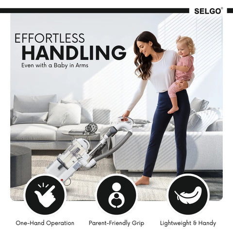 Woman using vacuum with child, highlighting effortless handling for Upgraded PVC And Steel Replacement Hose Handle For Lift Away Vacuum