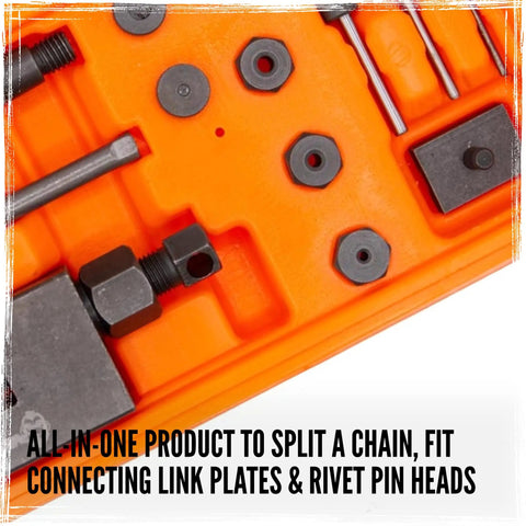 Link Monkey Motorcycle Chain Breaker And Riveting Tool in orange case, including various steel components for chain adjustment.