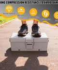 Person standing on Medium Grey Weatherproof Outdoor Electrical Box IP54 Waterproof Extension Cord Cover For Holiday Lights Pool Pump EV Charger And Bulky Timers In Top Shelf Heavy Duty Housing.