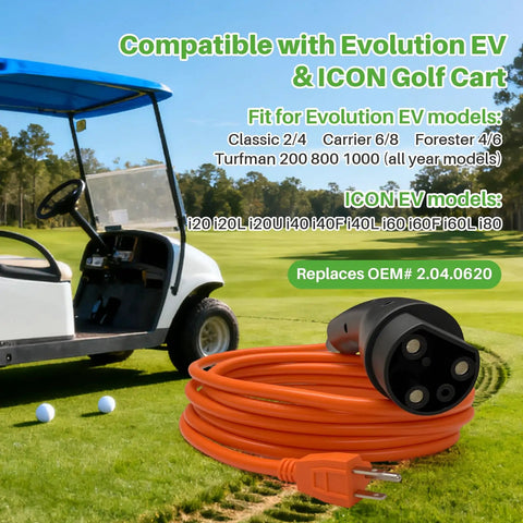 Heavy Duty 10 Foot Electric Golf Cart Charging Cable With 16A Quick Charge Three Pin Power Cord, orange, for Evolution and ICON golf carts.