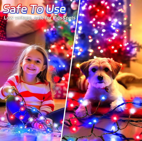 Red White And Blue Outdoor String Lights 2 Pack With Timer 100 LED Total About 33 Ft Waterproof Battery Operated For 4th Of July Memorial Day And Patriotic Decor With 8 Modes around child and dog indoors, safe to use.