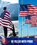 Person draped in US Flag 3x5 Outdoor Heavy Duty Nylon With Fade Resistant Embroidered Stars And Sewn Stripes Brass Grommets Built To Last