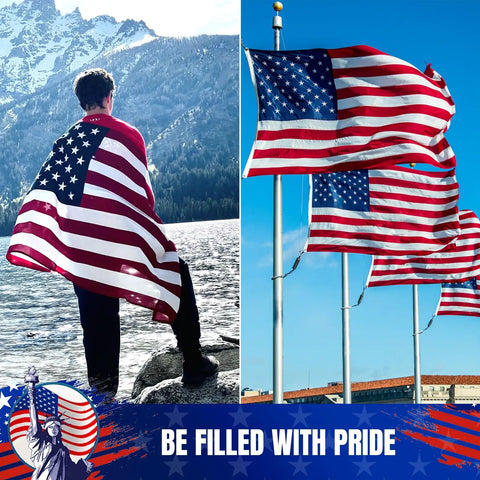 Person draped in US Flag 3x5 Outdoor Heavy Duty Nylon With Fade Resistant Embroidered Stars And Sewn Stripes Brass Grommets Built To Last