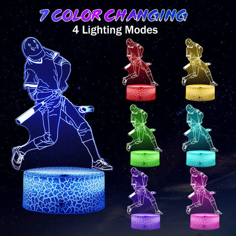 Baseball 3D Illusion Night Light With Remote Timer 7 Color Changing LED Baseball Lamp showing color variations of player design.