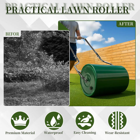 Beefed Up Heavy Duty Lawn Roller 8 Gallon Water or Sand Fill, U Shaped Handle for Push or Pull Operation, Durable Steel, 16-Inch