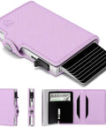 Purple pop up wallet for women with RFID blocking, slim card holder for small purses, quick card access shown in detail.