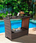 Patio Wicker Bar Cart With Wheels Ice Bucket Outdoor Rolling Beverage Counter Table Glass Top Modern Rattan Wine Serving Cart