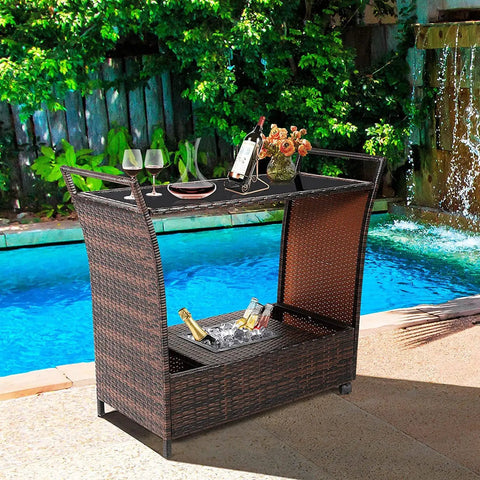 Patio Wicker Bar Cart With Wheels Ice Bucket Outdoor Rolling Beverage Counter Table Glass Top Modern Rattan Wine Serving Cart