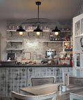Dope Industrial Farmhouse Black Pendant Light Fixture with three lights in kitchen setting, modern metal lamp, dark grey finish.