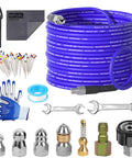 100 Ft Sewer Jetter Kit For Pressure Washer With 5800 PSI Drain Cleaner Hose One Quarter Inch NPT Corner Rotating Pointed Mushroom Nozzles Plus M22 To One Quarter Inch NPT Adapter And Quick Connect, with assorted accessories including gloves, nozzles, and wrenches.