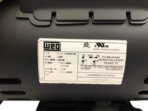 Close-up of label on Single Phase 5 HP 230V Electric Motor With 56H Frame And 5/8 Inch Shaft Delivers 3600 RPM for specification details.