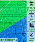 Heavy Duty 15 Mil Concrete Vapor Barrier Plastic Sheeting, 7 Ft By 70 Ft Roll, Blue Polyolefin Tarp shown with grid overlay